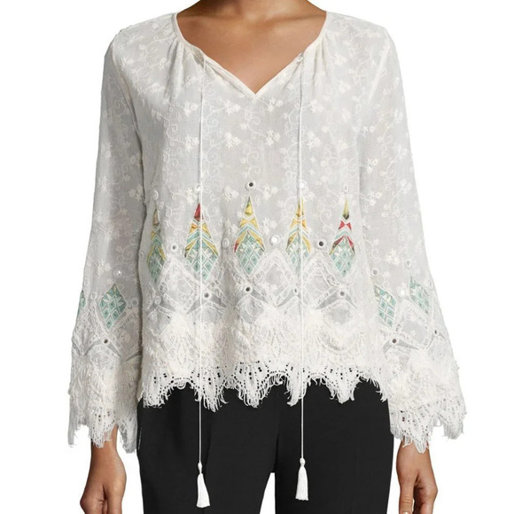 Elie Tahari Tops - Elie Tahari Imelda Long-Sleeve Embroidered Blouse Natural - 18481